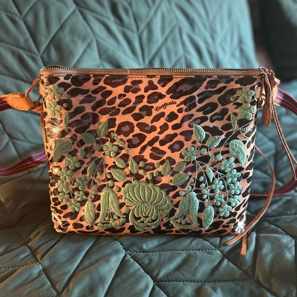 Consuela Leopard Print Clutch with Green Floral Accents